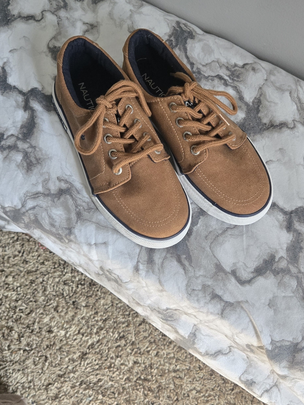Nautica Boy's Tan Canvas Boat Shoes with White Soles